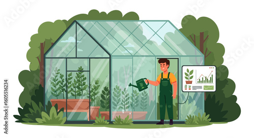 Modern Greenhouse Automated Farming With Young Gardener Watering Plants