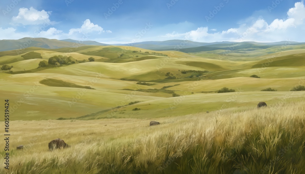 Fototapeta premium Vast rolling prairie landscape with distant hills under blue sky with clouds. Golden-green grasses, scattered bushes dominate foreground, evoking sense of wide-open, natural wilderness, tranquil