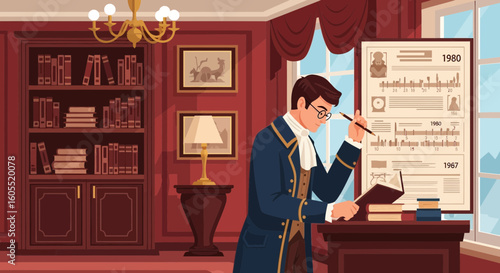 Historian Engaged In Research And Analysis In An Antique Room Setting