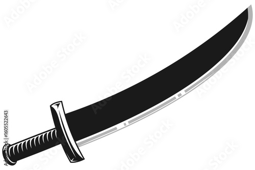 Vector Illustration of Single Black Saber Silhouette, Curved Medieval or Pirate Sword Icon Isolated on White Background, Perfect for Game or Story Elements