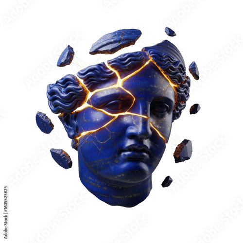 Abstract dark blue marble bust of a classical female head with golden kintsugi cracks and shattered fragments, symbolizing repair, resilience, and beauty in imperfection on a white background.