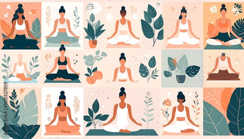 Women in yoga poses surrounded by plants