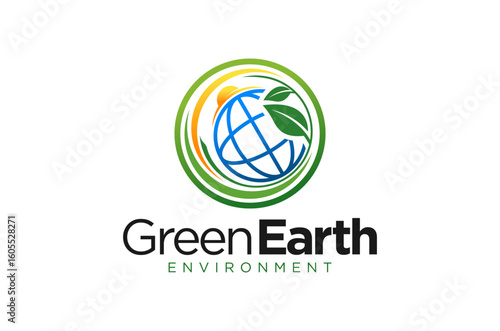 Green Earth Environment logo design showcases globe with leaves, symbolizing eco-friendly practices. Vector illustration.