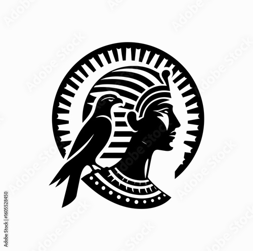 Silhouette of Egyptian Sun God Ra with Falcon and Solar Disk – Black Vector Art