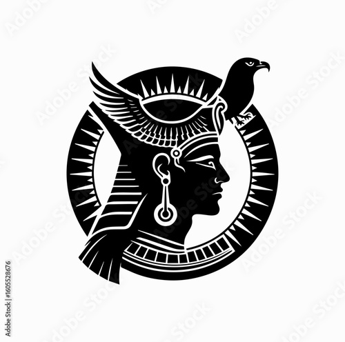 Silhouette of Egyptian Sun God Ra with Falcon and Solar Disk – Black Vector Art