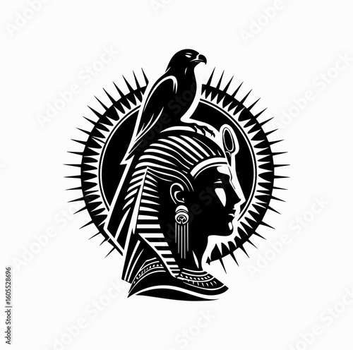 Silhouette of Egyptian Sun God Ra with Falcon and Solar Disk – Black Vector Art