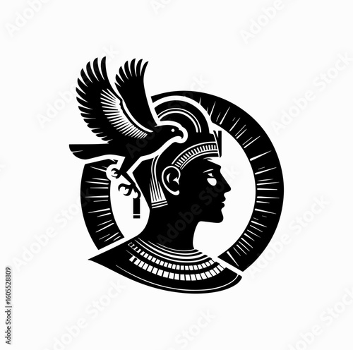 Silhouette of Egyptian Sun God Ra with Falcon and Solar Disk – Black Vector Art