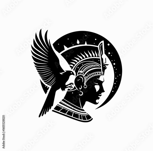 Silhouette of Egyptian Sun God Ra with Falcon and Solar Disk – Black Vector Art