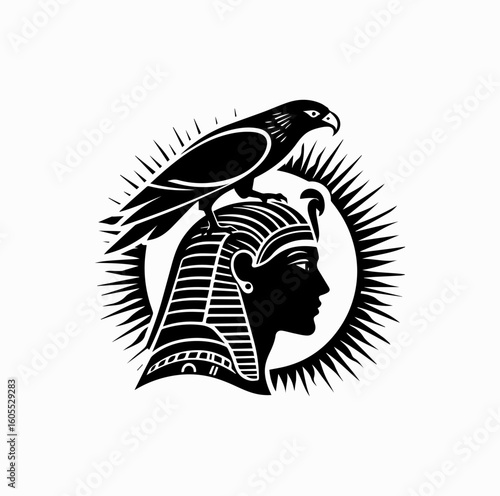 Silhouette of Egyptian Sun God Ra with Falcon and Solar Disk – Black Vector Art