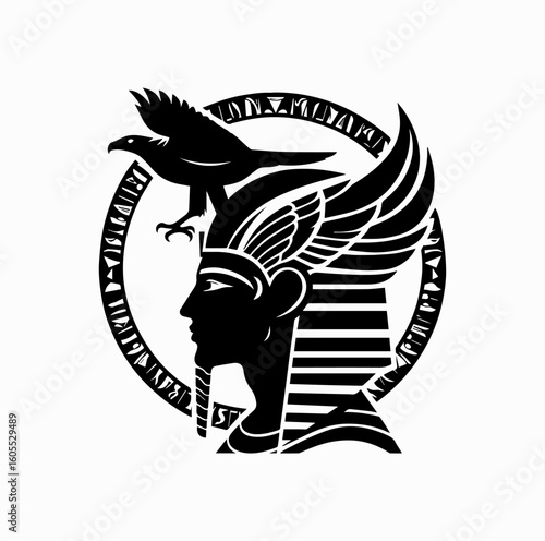 Silhouette of Egyptian Sun God Ra with Falcon and Solar Disk – Black Vector Art