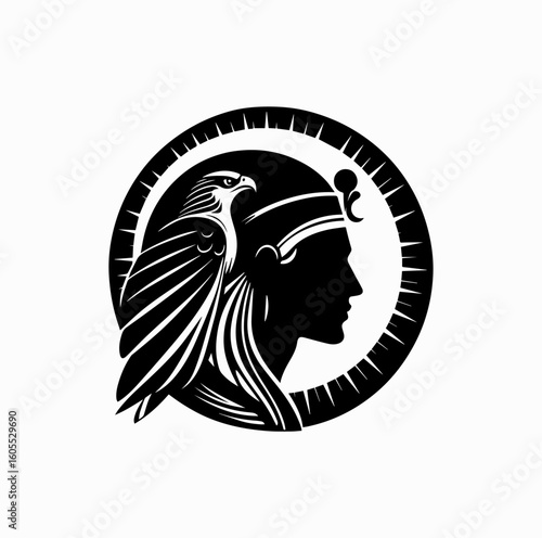 Silhouette of Egyptian Sun God Ra with Falcon and Solar Disk – Black Vector Art
