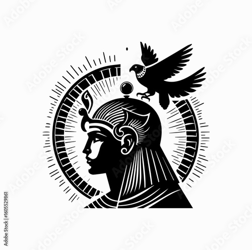 Silhouette of Egyptian Sun God Ra with Falcon and Solar Disk – Black Vector Art