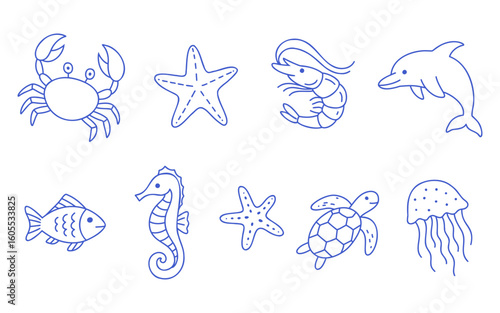 Sea creatures and ocean animals outline Set. Crab, dolphin, seahorse, turtle, jellyfish. Blue line editable vector icons