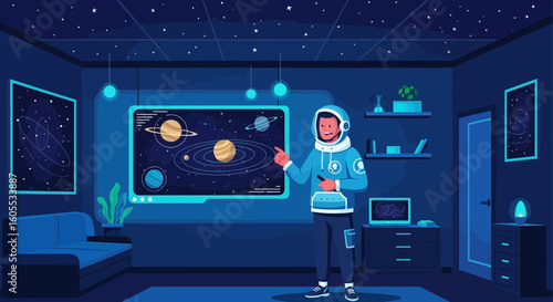 Astronaut Presenting Solar System Planetarium In Modern Room