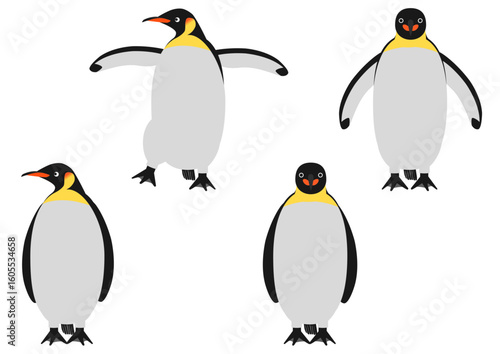 正面を向いて歩いたり羽ばたくコウテイペンギンのイラストのセット
