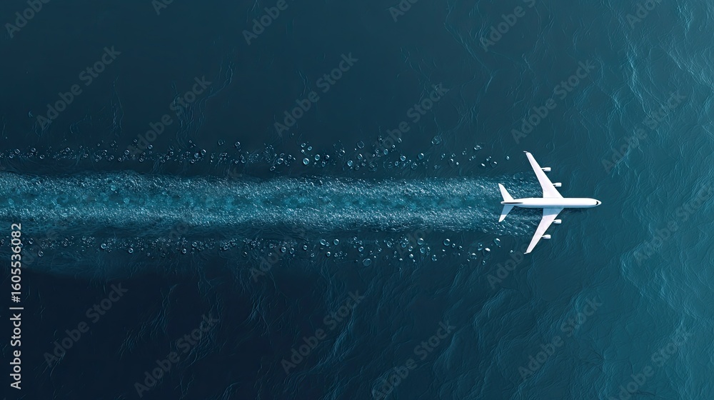 Fototapeta premium White airplane flying over dark water.