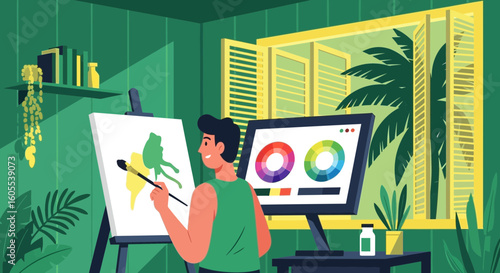 Creative Artist Paints In Studio With Computer And Tropical View