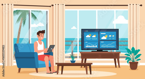 Young Man Relaxing At Home And Checking Weather Forecast