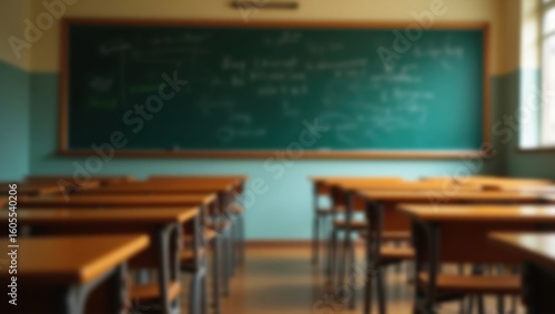 A blurry classroom with rows of desks and a green chalkboard at the front of the room in a school