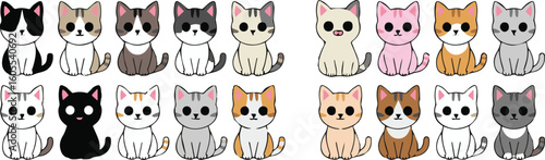 whimsical multicolor cats lined up sitting side by side in seamless row vector art design