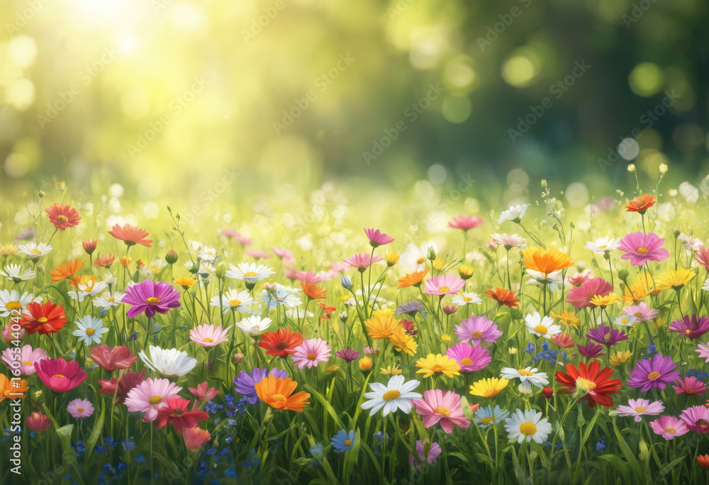 Obraz premium Vibrant summer meadow filled with colorful wildflowers like daisies, cosmos, bathed in warm sunbeams. Soft bokeh lights create magical atmosphere. Ideal for spring summer greeting cards, nature