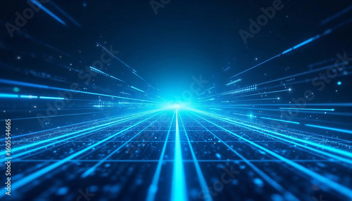 Futuristic Blue Digital Tunnel Background with Glowing Lines and Data Flow