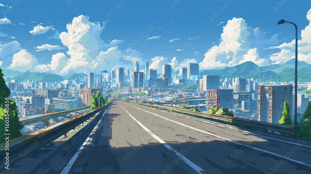 Obraz premium Stunning photo of asphalt road and a modern city depicted in anime style.