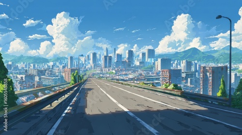 Fototapeta Naklejka Na Ścianę i Meble -  Stunning photo of asphalt road and a modern city depicted in anime style.