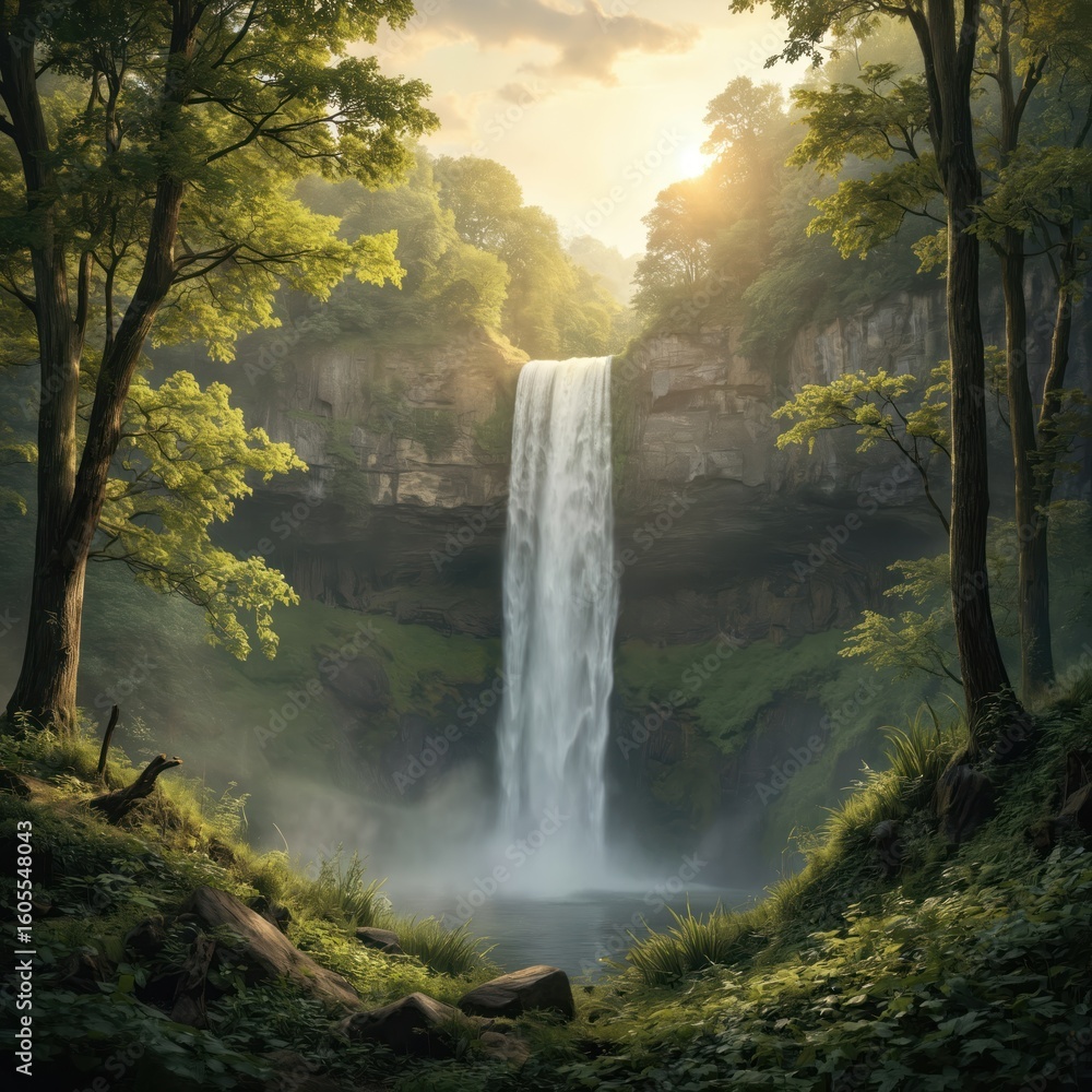Fototapeta premium Majestic waterfall cascades through green forest at golden sunrise. Sunlight filters through trees creating mist. Serene landscape with mossy rocks, flowing water provides peaceful natural
