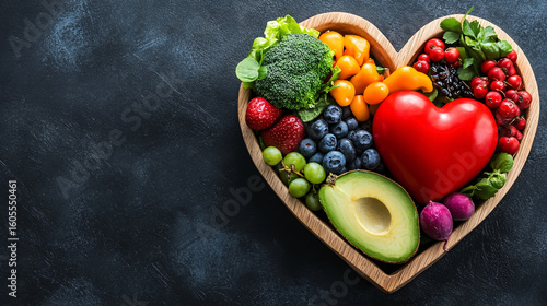 Nutritional food aimed at heart health includes clean fruits and vegetables, presented in a heart-shaped dish by a nutritionist.