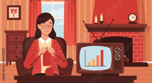 Woman Knitting In Living Room Watching Tv Showing Stock Market Graphic