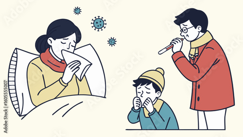 Family members suffering from cold, flu, and virus symptoms: Fever, cough, and runny nose. Seasonal illness concept.