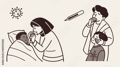 Family Illness & Care: Parents and Children with Sickness, Virus Symptoms, and Medical Treatment. Health Concept Illustration.