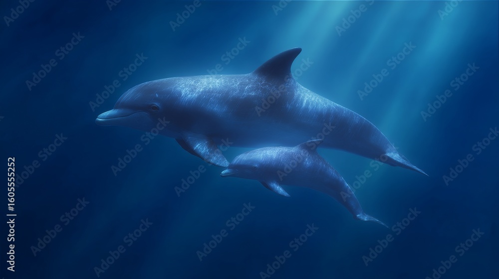 Fototapeta premium A pair of dolphins gracefully swim together in the deep blue sea. The light filters through the water, creating a serene atmosphere. Perfect for marine life enthusiasts. AI