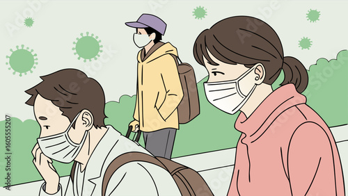 People wearing protective face masks amidst floating virus particles. Public health, safety, and pandemic protection illustration.