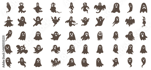 halloween ghost vector illustration featuring a set of unique silhouettes of ghost designs. Perfect for Halloween, this set includes traditional and abstract ghost, pumpkins and skeleton hands