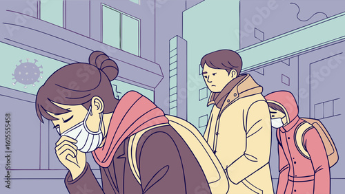 Coughing woman in face mask on city street during viral outbreak illustration