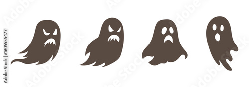 Halloween ghosts hand drawn cartoon set. Ghosts silhouettes flying on white background.