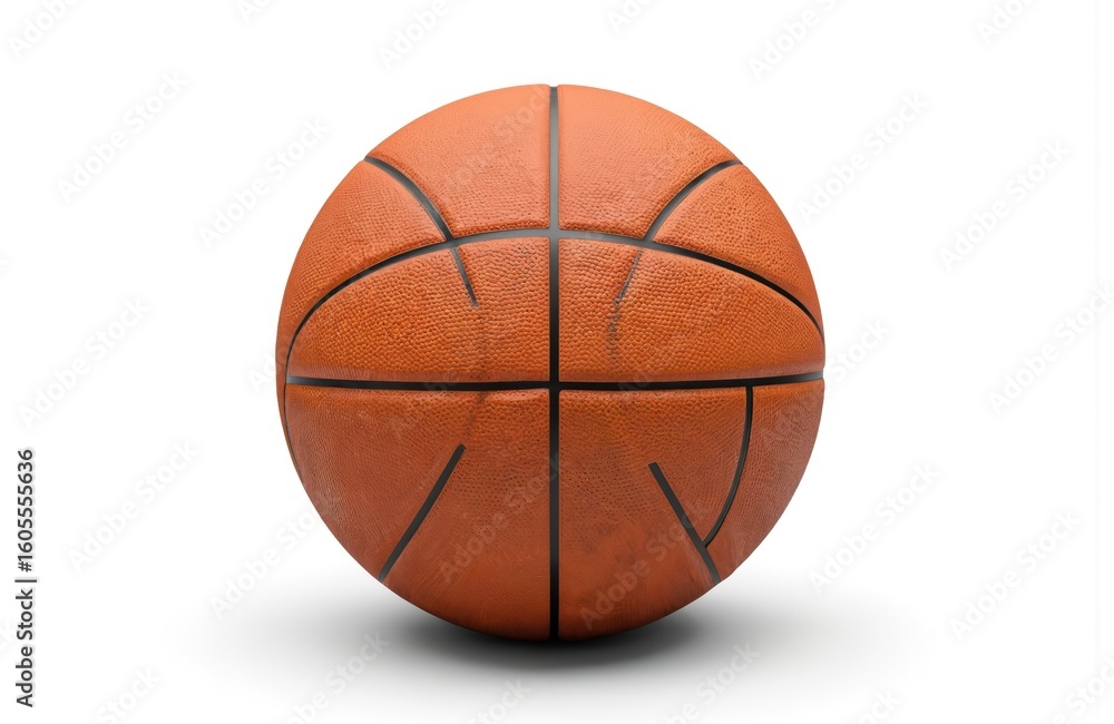 Fototapeta premium Orange basketball with black seams isolated on clean white background. Textured sphere classic sports equipment, perfect for games, competition, team play. Ideal for sports marketing, athletic