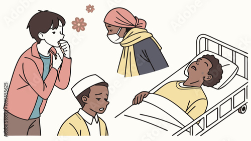 Illustration of diverse people with illness symptoms: coughing, mask-wearing, and a patient in a hospital bed.