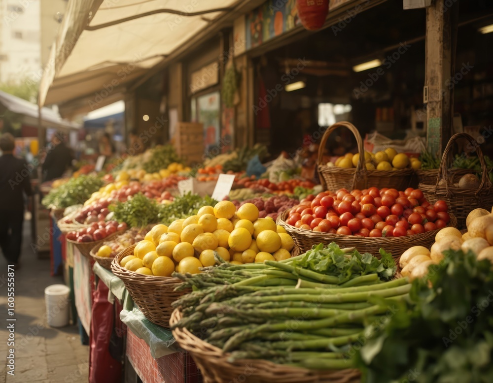 Fototapeta premium Vibrant street market stall overflowin with fresh produce, featuring baskets of ripe tomatoes, lemons, and asparagus. Other vegetables and fruits fill the counters creating abundance.
