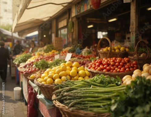 Fototapeta Naklejka Na Ścianę i Meble -  Vibrant street market stall overflowin with fresh produce, featuring baskets of ripe tomatoes, lemons, and asparagus. Other vegetables and fruits fill the counters creating abundance.