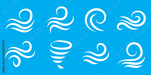 Wind line doodle set. Blue hand drawn wind swirls and gusts. Decorative breeze symbols for weather, nature, and climate designs.