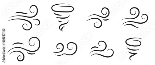 Wind line doodle set. Blue hand drawn wind swirls and gusts. Decorative breeze symbols for weather, nature, and climate designs.