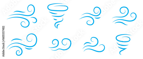 Wind line doodle set. Blue hand drawn wind swirls and gusts. Decorative breeze symbols for weather, nature, and climate designs.