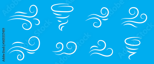 Wind line doodle set. Blue hand drawn wind swirls and gusts. Decorative breeze symbols for weather, nature, and climate designs.