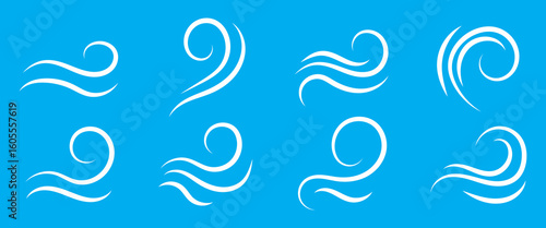 Wind line doodle set. Blue hand drawn wind swirls and gusts. Decorative breeze symbols for weather, nature, and climate designs.