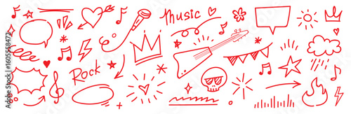 Punk rock doodle set - lightning bolt, skull, heart, horn gesture, stars. Hand drawn retro vector illustrations in bright pink, purple and yellow neon colors on black background for music design. 