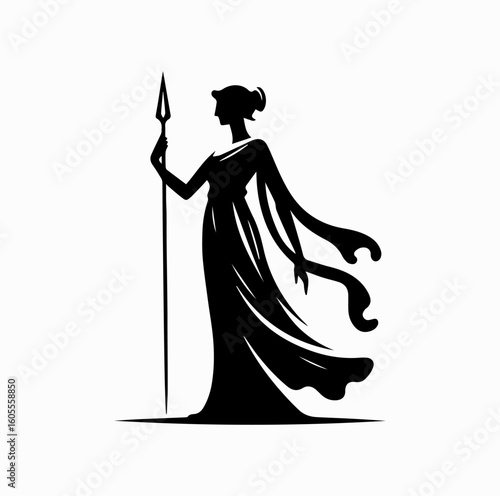 Greek Goddess Silhouette – Athena or Artemis with Weapon Vector Icon