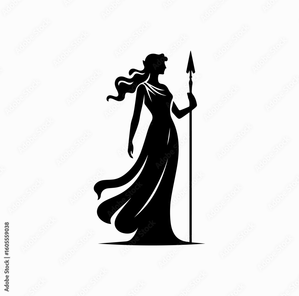 Fototapeta premium Greek Goddess Silhouette – Athena or Artemis with Weapon Vector Icon